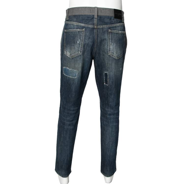 Pre Owned Dolce & Gabbana Grey Cotton & Blue Distressed Denim Paneled Pants M