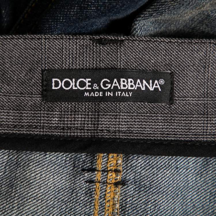Pre Owned Dolce & Gabbana Grey Cotton & Blue Distressed Denim Paneled Pants M