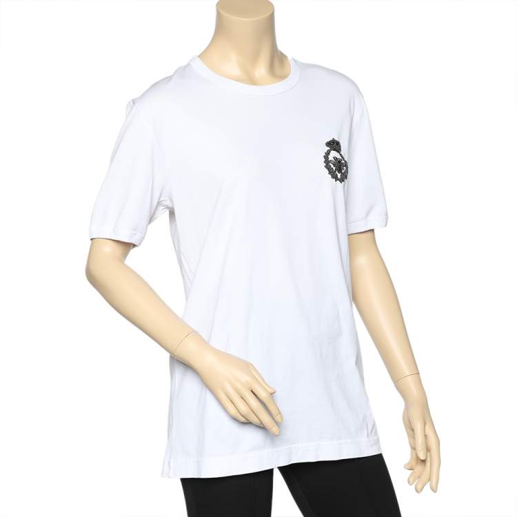 Pre Owned Dolce & Gabbana White Cotton Crown & Bee Patch T-Shirt L