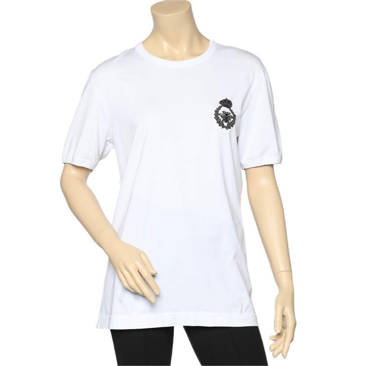 Pre Owned Dolce & Gabbana White Cotton Crown & Bee Patch T-Shirt L