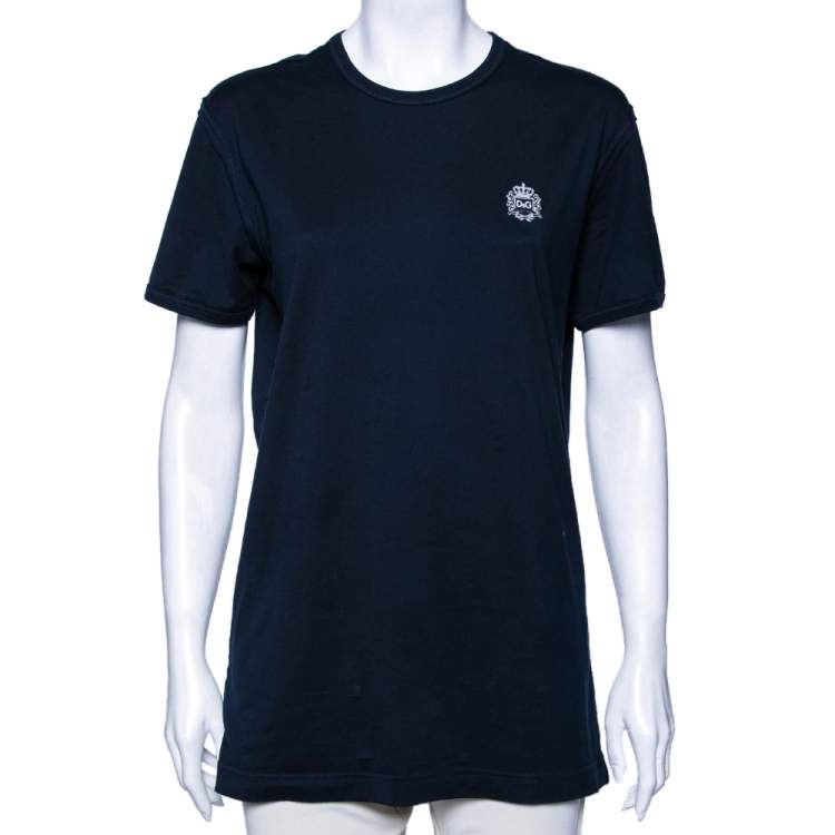 Pre Owned Dolce & Gabbana Navy Blue Cotton DG Embroidered Top L