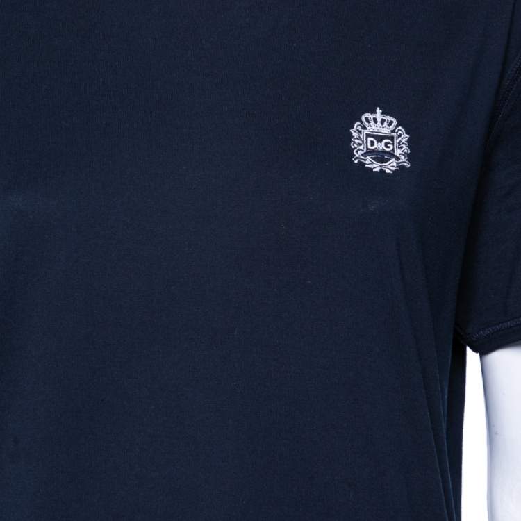 Pre Owned Dolce & Gabbana Navy Blue Cotton DG Embroidered Top L