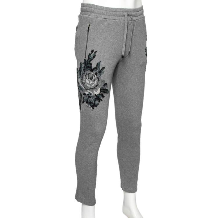 Pre Owned Dolce & Gabbana Grey Cotton Knit Patch Detail Sweatpants XS