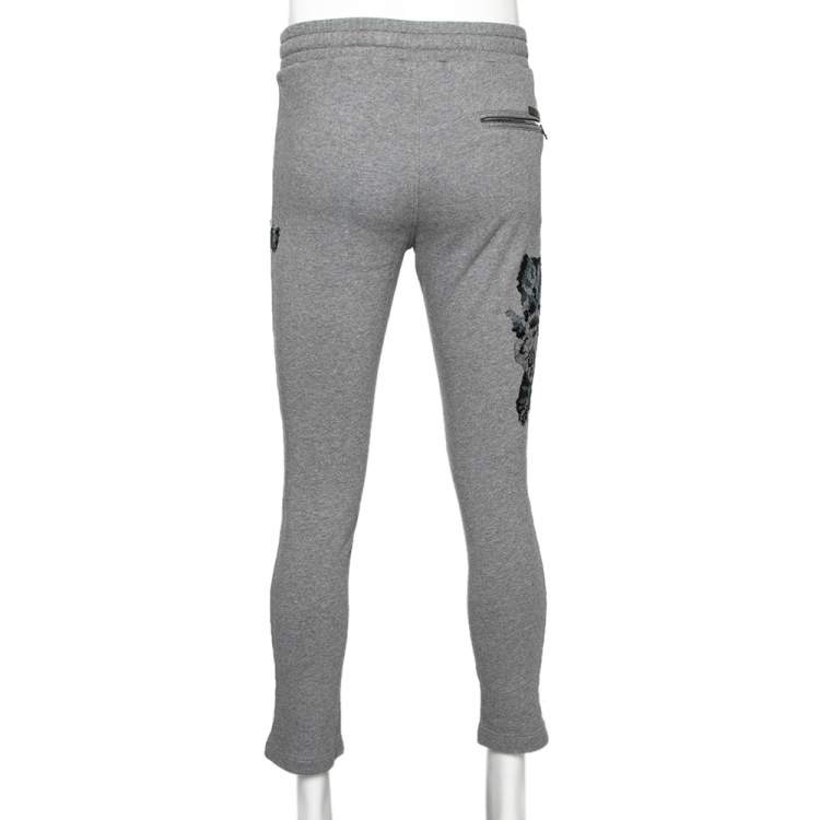 Pre Owned Dolce & Gabbana Grey Cotton Knit Patch Detail Sweatpants XS