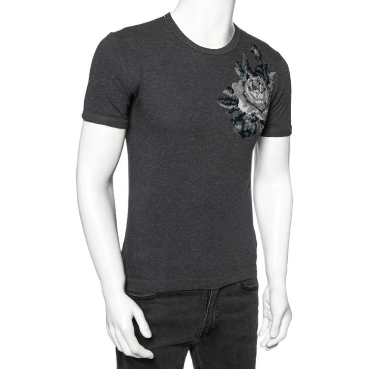 Pre Owned Dolce & Gabbana Charcoal Grey Cotton Knit Patch Detail T-Shirt XS