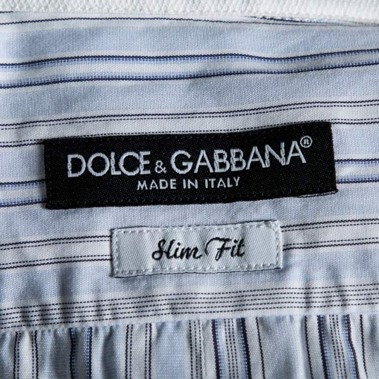 Pre Owned Dolce & Gabbana Blue Striped Cotton Contrast Detail Slim Fit Shirt M
