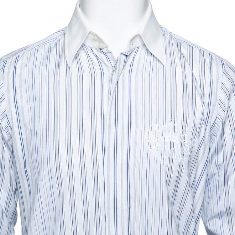 Pre Owned Dolce & Gabbana Blue Striped Cotton Contrast Detail Slim Fit Shirt M