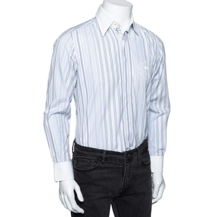 Pre Owned Dolce & Gabbana Blue Striped Cotton Contrast Detail Slim Fit Shirt M