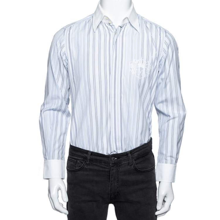 Pre Owned Dolce & Gabbana Blue Striped Cotton Contrast Detail Slim Fit Shirt M