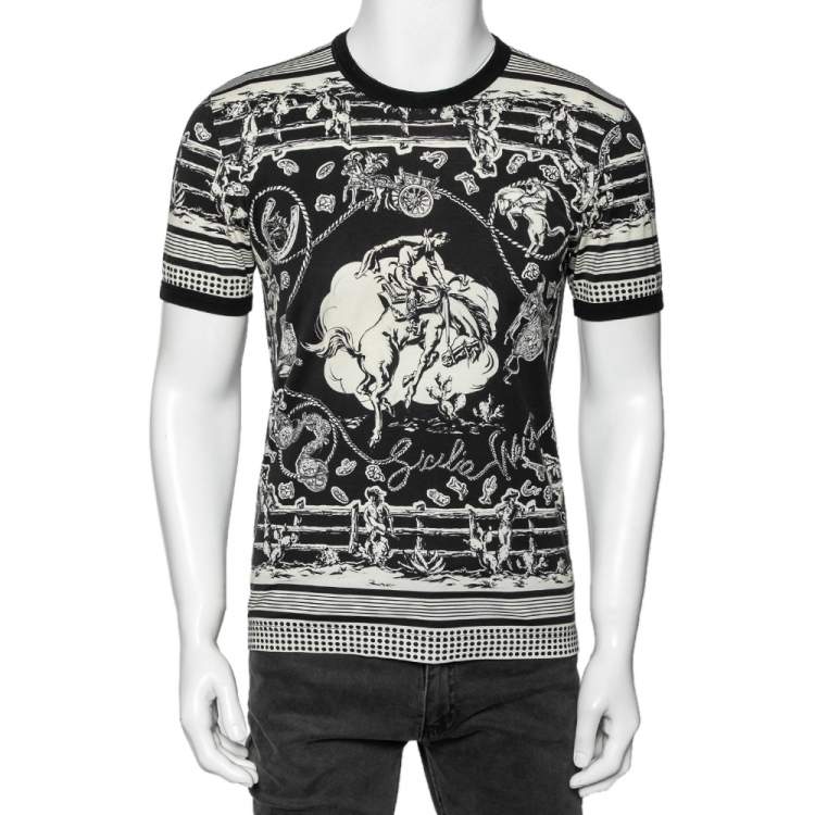 Pre Owned Dolce & Gabbana Monochrome Printed Cotton Crewneck T-Shirt XS