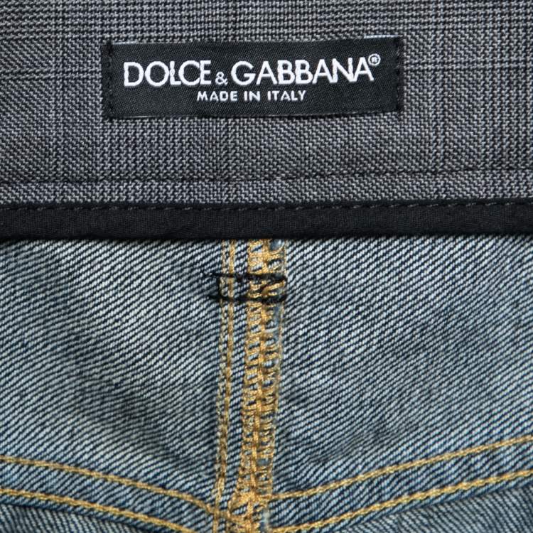 Pre Owned Dolce & Gabbana Checkered Cotton & Distressed Denim Paneled Pants S