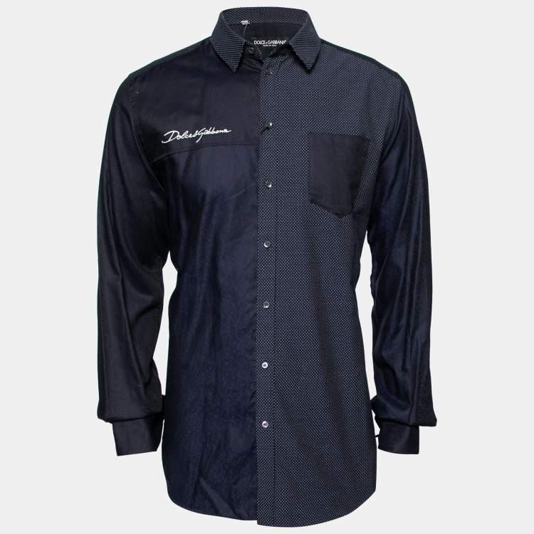 مملوكة مسبقًا Dolce & Gabbana Navy Blue Cotton Paneled Button Front Shirt XXL
