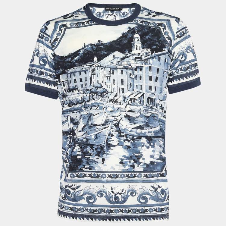 Pre Owned Dolce & Gabbana White and Blue Ceramic Printed Crew Neck T-Shirt XXL