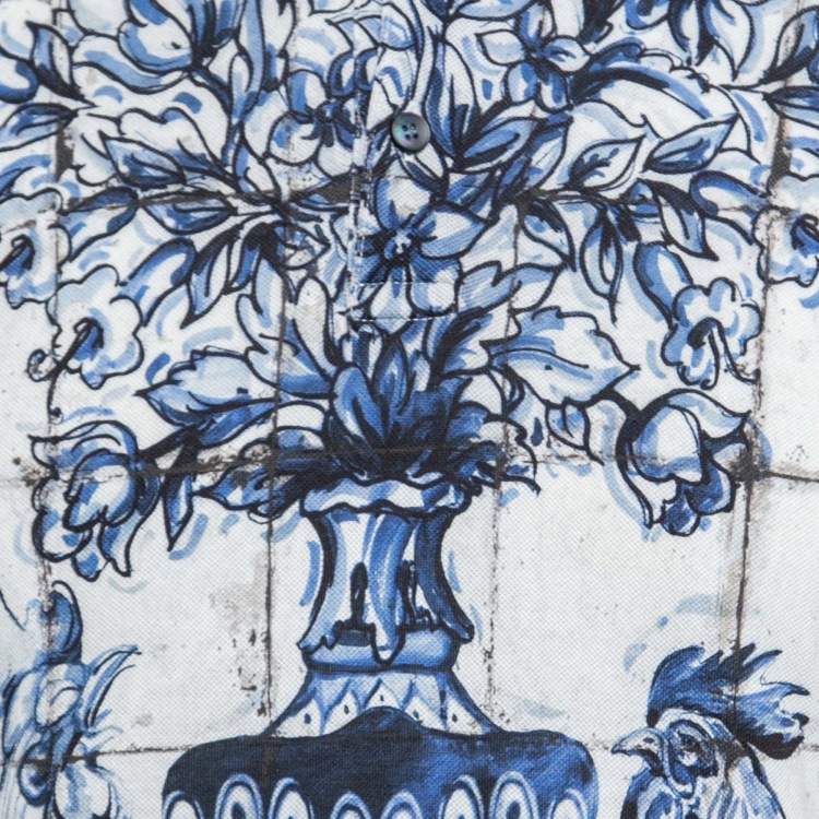 Pre Owned Dolce & Gabbana White/Blue Cotton Majolica Polo T-Shirt S