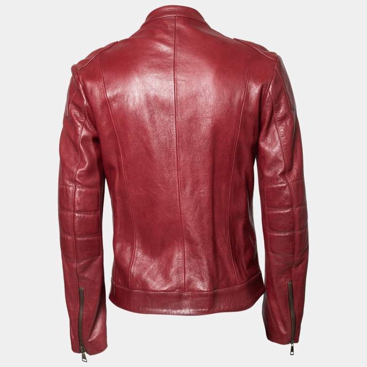 Pre Owned Dolce & Gabbana Red Leather Zip Front Biker Jacket M