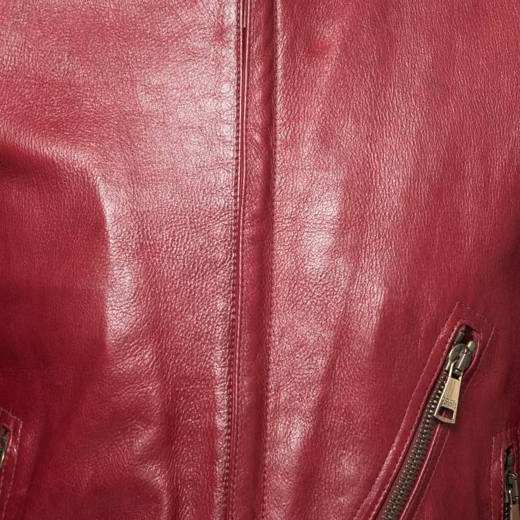 Pre Owned Dolce & Gabbana Red Leather Zip Front Biker Jacket M