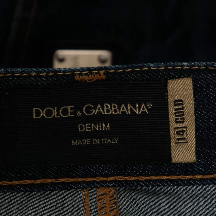 Pre Owned Dolce & Gabbana 14 Gold Navy Blue Denim Straight Leg Jeans XL Waist 37"
