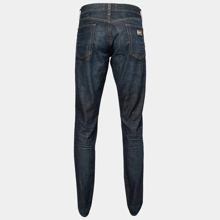 Pre Owned Dolce & Gabbana 14 Gold Navy Blue Denim Straight Leg Jeans XL Waist 37"