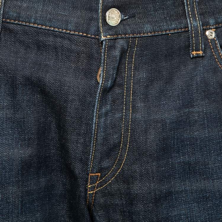 Pre Owned Dolce & Gabbana 14 Gold Navy Blue Denim Straight Leg Jeans XL Waist 37"