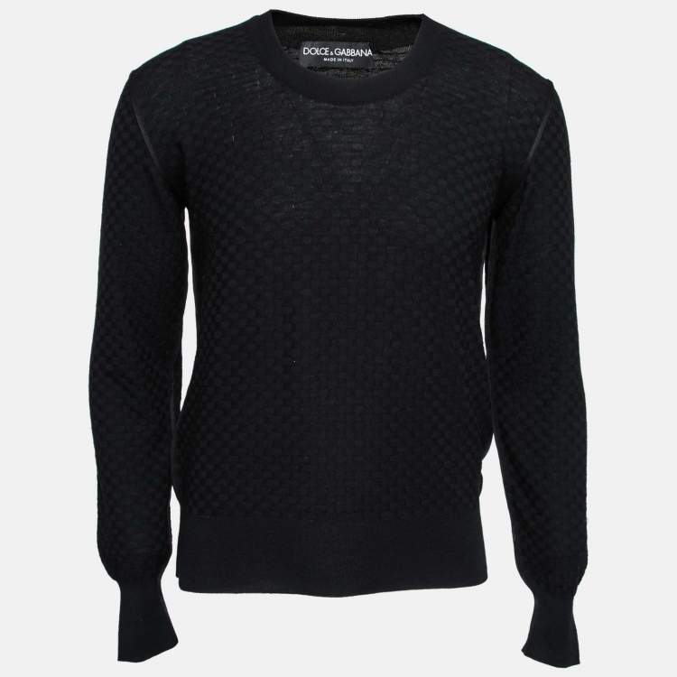 Pre Owned Dolce & Gabbana Black Patterned Knit Wool Round Neck Jumper M