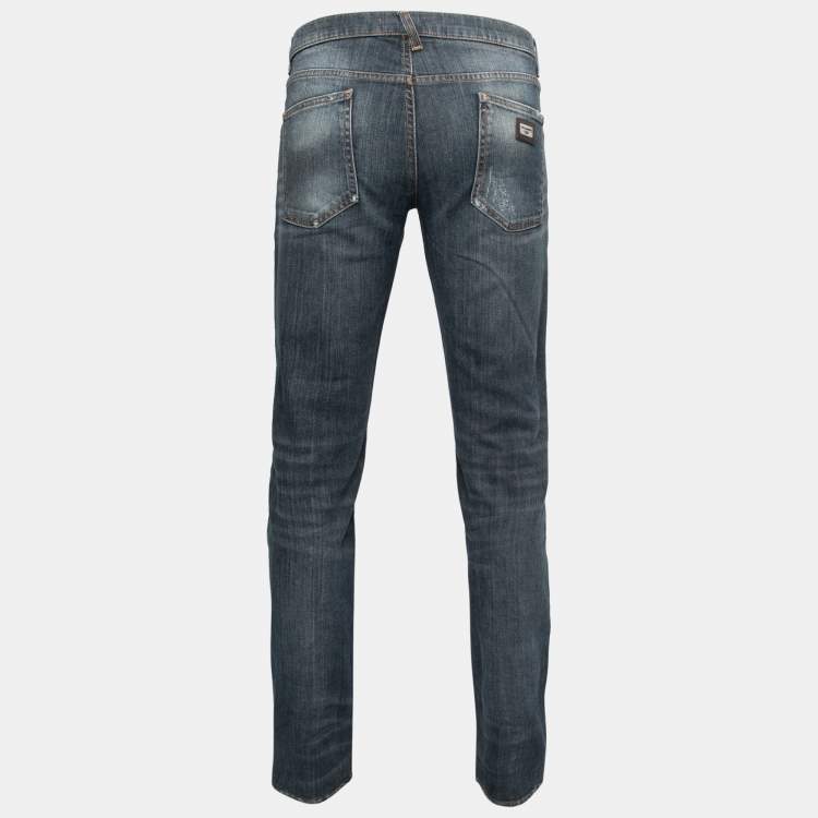Pre Owned Dolce & Gabbana Steel Blue Distressed Denim 14 Fit Jeans L Waist 36"