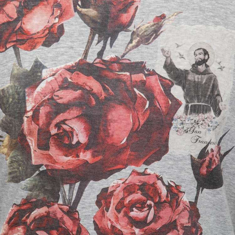 مملوكة مسبقًا Dolce & Gabbana Grey Rose Print Cotton Short Sleeve T-Shirt XS
