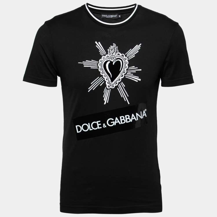 DOLCE & GABBANA メンズ Tシャツ ハート ロゴ Dolce & Gabbana Black Heart-Embroidered Cotton T-Shirt S