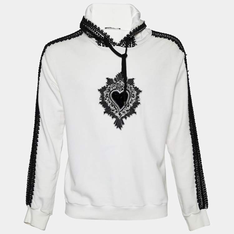 Pre Owned Dolce & Gabbana White Cotton Lace Trim Hooded Sweatshirt S