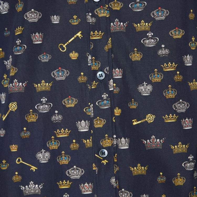 Pre Owned Dolce & Gabbana Navy Blue Crown Print Cotton Gold Fit Shirt L