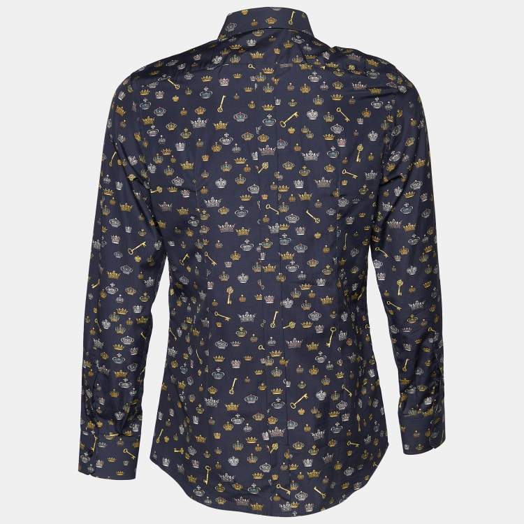 Pre Owned Dolce & Gabbana Navy Blue Crown Print Cotton Gold Fit Shirt L
