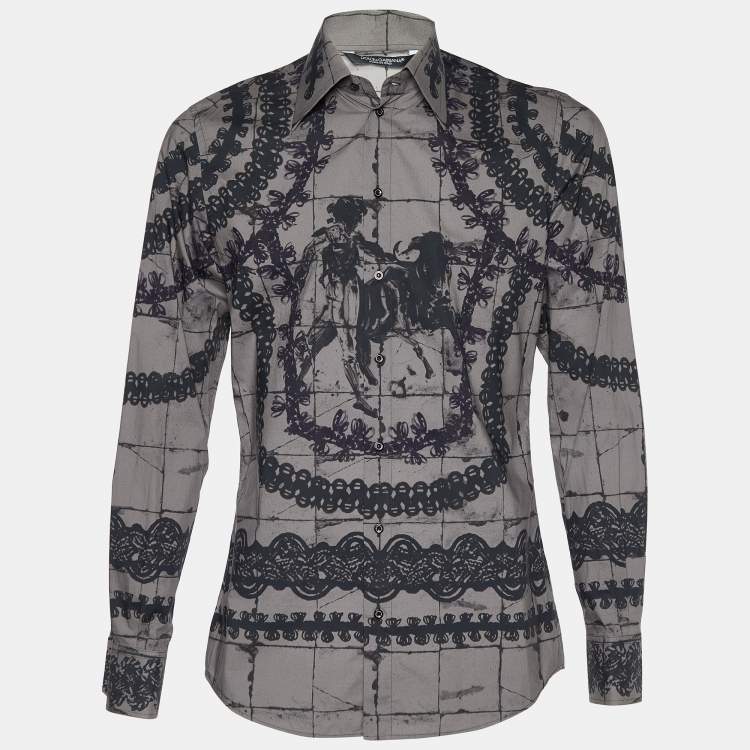 Pre Owned Dolce & Gabbana Grey Lace Print Cotton Button Front Shirt M