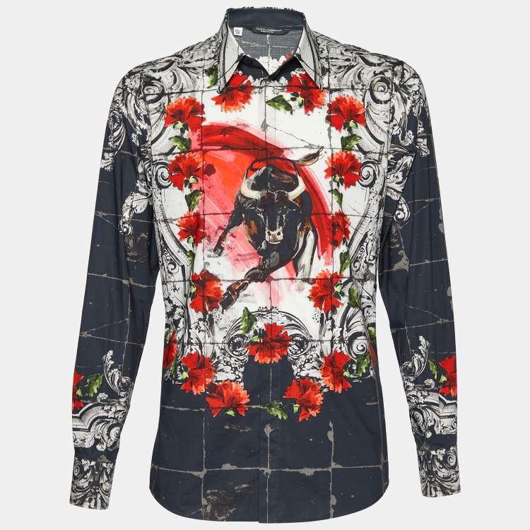 Pre Owned Dolce & Gabbana Black Mosaic Bull Print Cotton Button Front Shirt XL