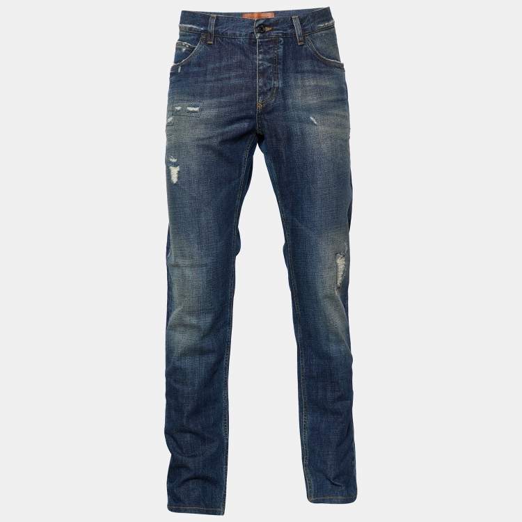 Pre Owned Dolce & Gabbana  Blue Distressed Denim Bee Embroidered Jeans XL