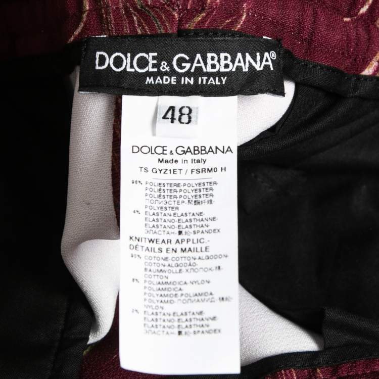 Pre Owned Dolce & Gabbana Burgundy Peacock Feather Print Jersey Jogger Pants M