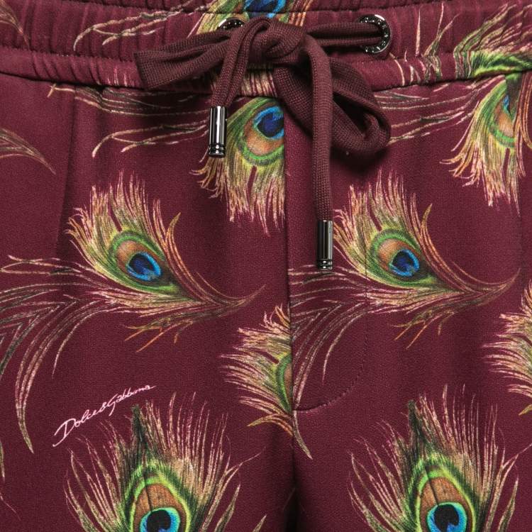 Pre Owned Dolce & Gabbana Burgundy Peacock Feather Print Jersey Jogger Pants M