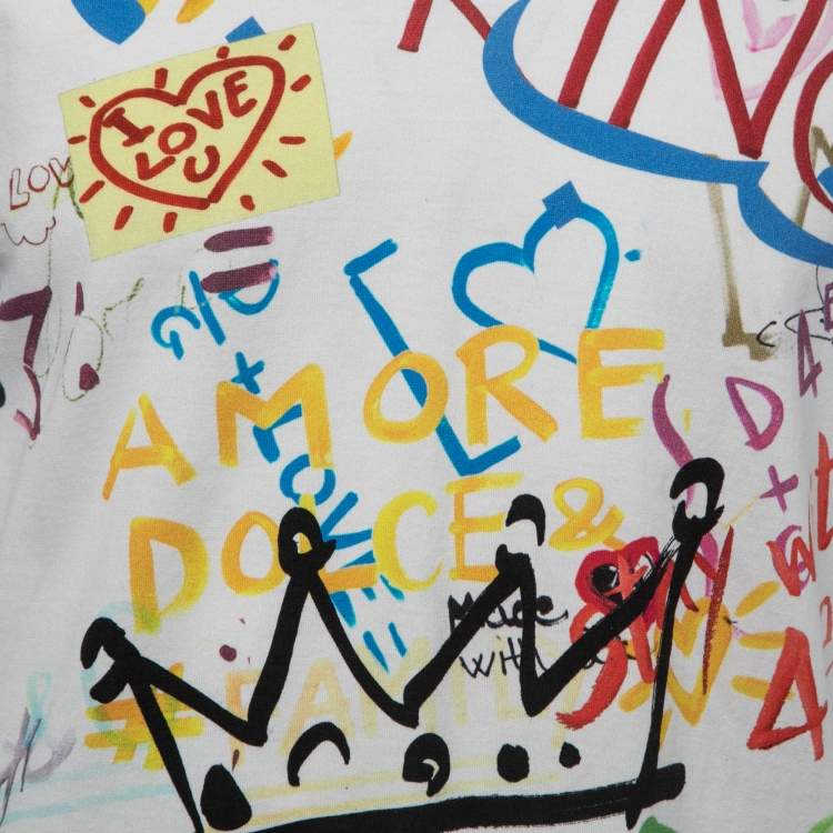 Pre Owned Dolce & Gabbana White Cotton Graffiti Print V-Neck T-Shirt L