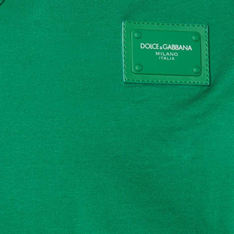 Pre Owned Dolce & Gabbana Green Cotton Knit Logo Plaque Detail V-Neck T-Shirt S