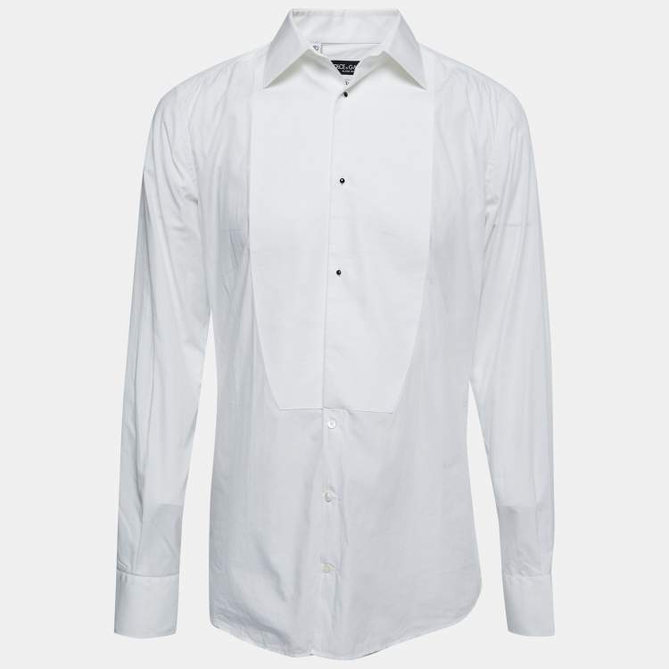 Pre Owned Dolce & Gabbana White Cotton Tuxedo Long Sleeve Gold Shirt XL