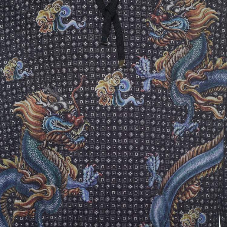 Pre Owned Dolce & Gabbana Grey Chinese Dragon Printed Cotton Knit Hoodie XL