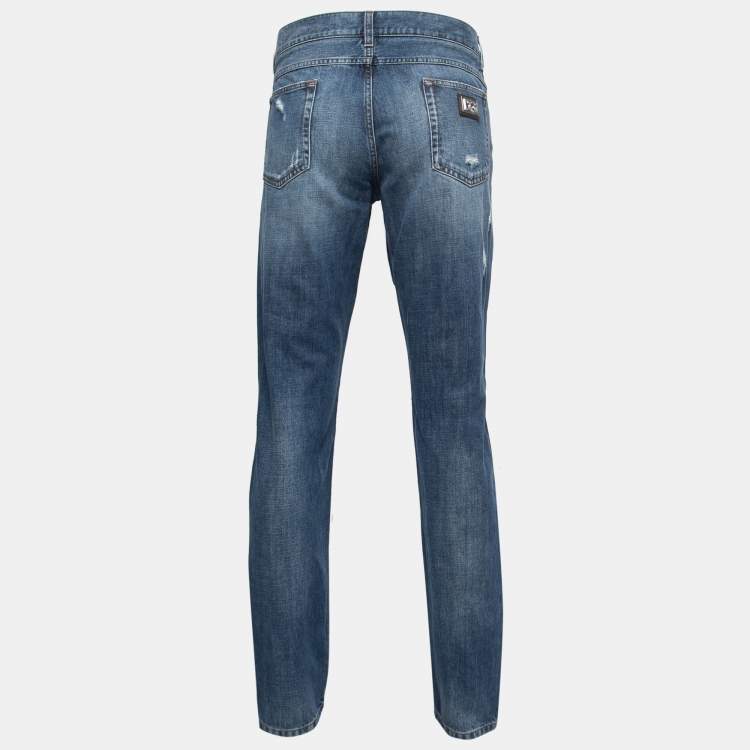 Pre Owned Dolce & Gabbana Blue Ripped Heart Embroidered Denim Jeans 2XL Waist 37"