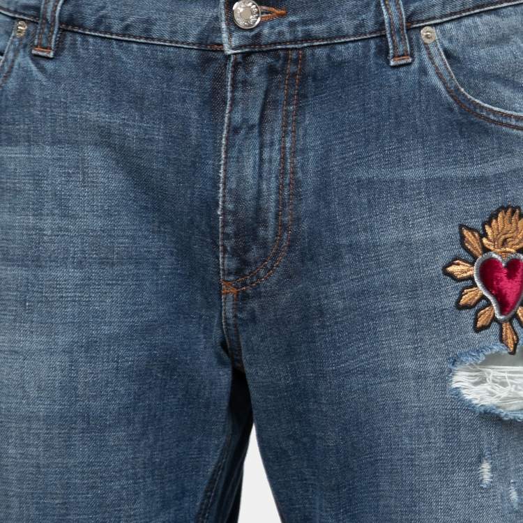 Pre Owned Dolce & Gabbana Blue Ripped Heart Embroidered Denim Jeans 2XL Waist 37"