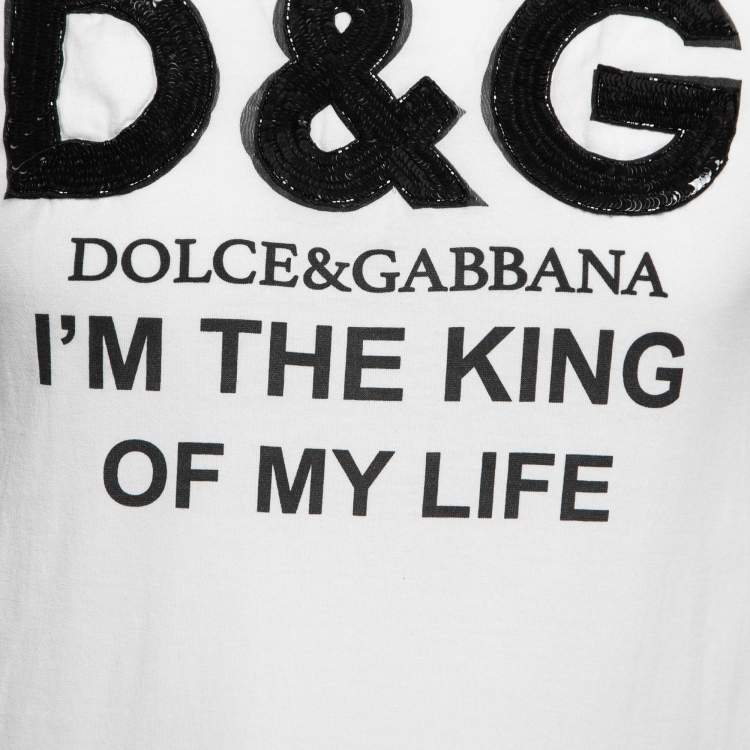 Pre Owned Dolce & Gabbana White Cotton Sequined Logo Print T-Shirt XS