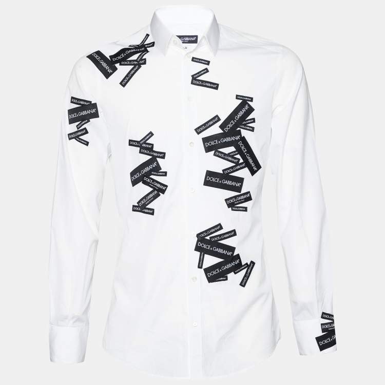 مملوكة مسبقًا Dolce & Gabbana White Cotton Label Logo Patch Detail Gold Fit Shirt M