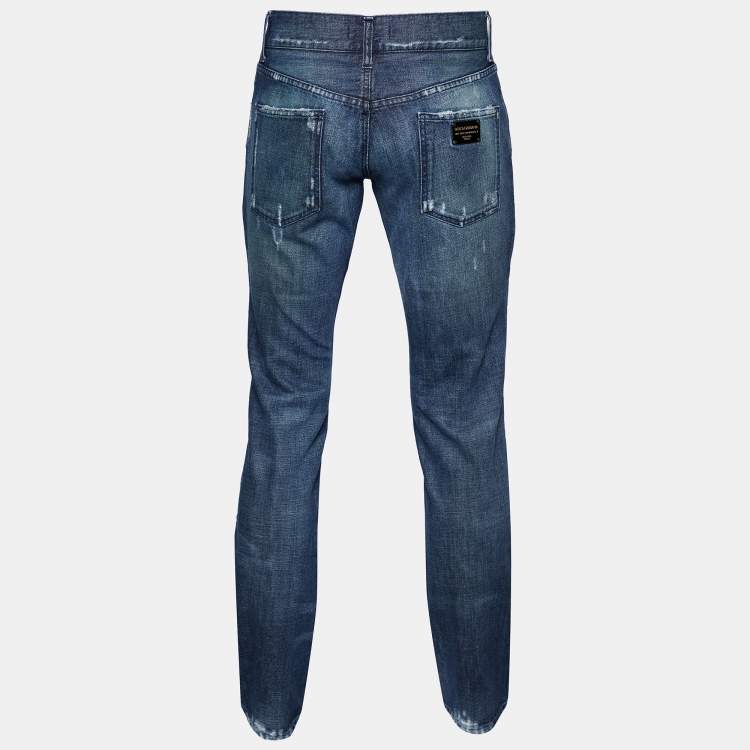 Pre Owned Dolce & Gabbana Navy Blue Denim Distressed Jeans M