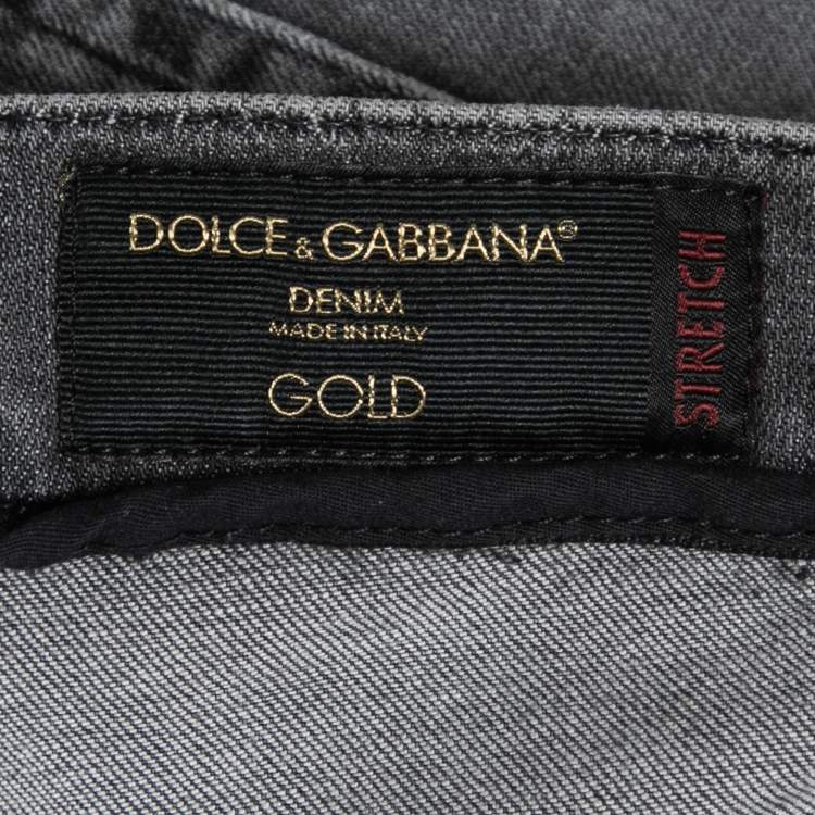 Pre Owned Dolce & Gabbana Grey Distressed Denim Gold Stretch Jeans M Waist 34"