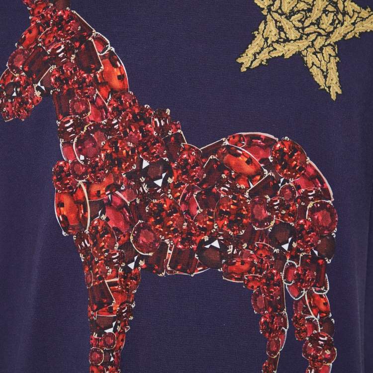 Pre Owned Dolce & Gabbana Navy Blue Crystal Horse Print Cotton Distressed T-Shirt XL