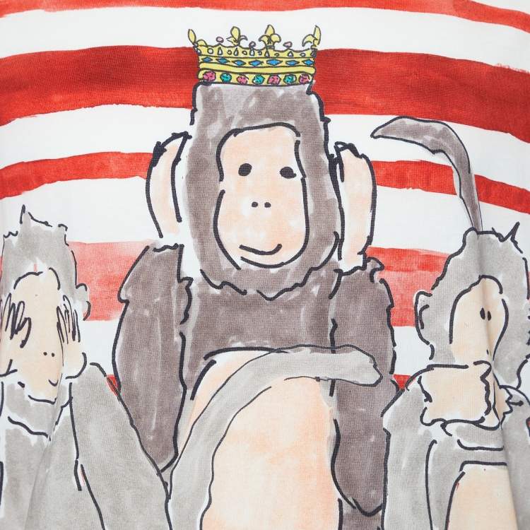 Pre Owned Dolce & Gabbana Red Striped Monkey Printed Cotton Knit T-Shirt XL