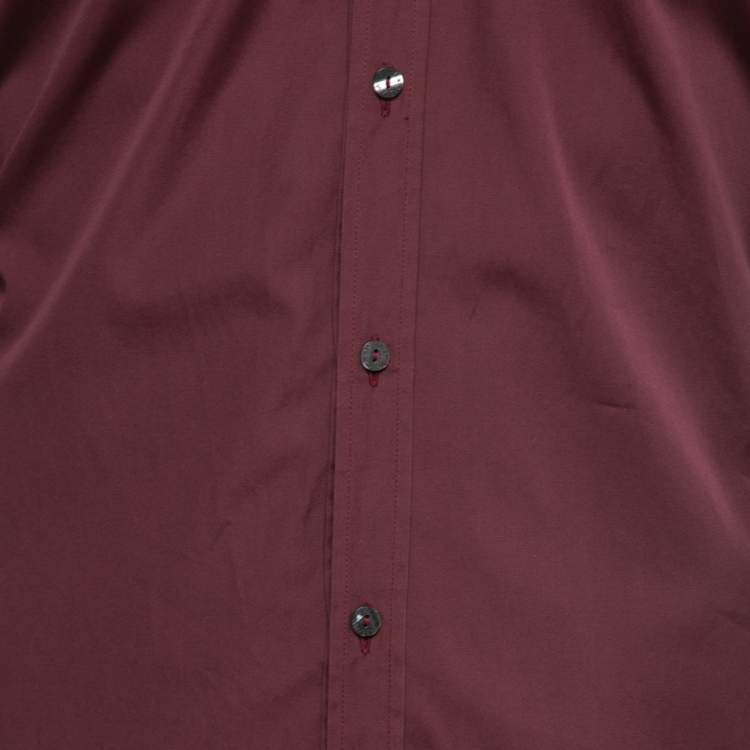 Pre Owned Dolce & Gabbana Burgundy Cotton Velvet Trimmed Button Front Full Sleeve Shirt M