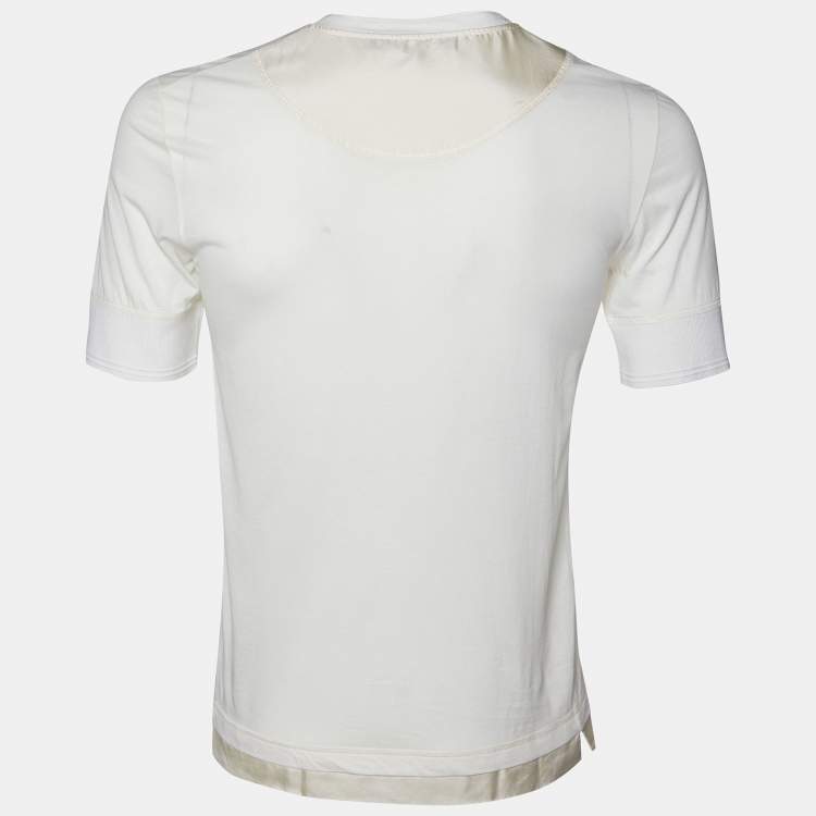 Pre Owned Dolce & Gabbana Light Cream Cotton Knit & Silk Button Front T-Shirt XS