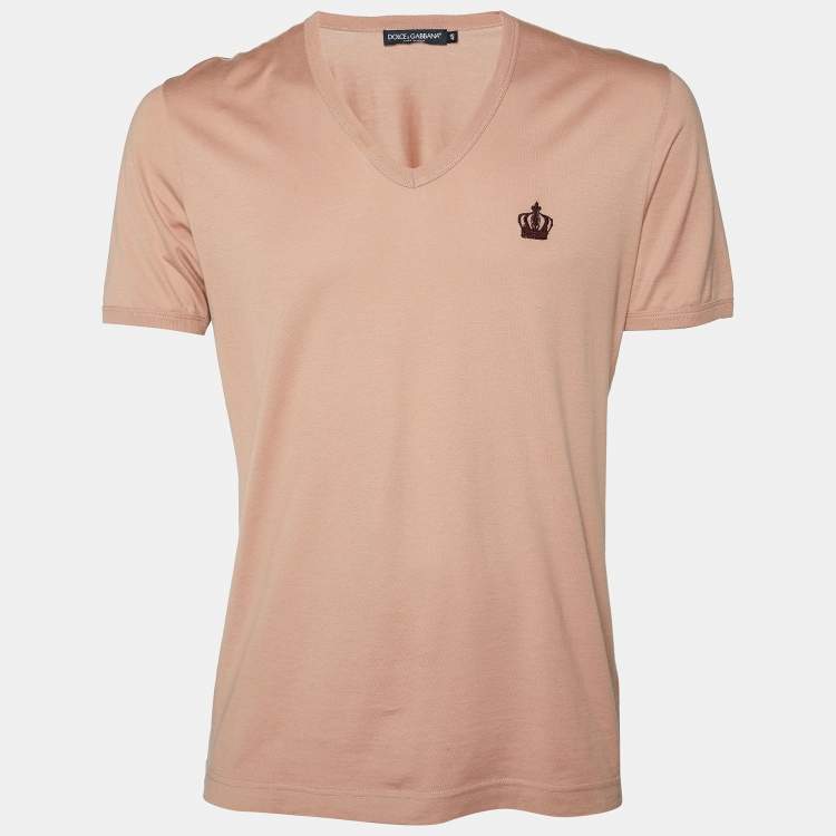 Pre Owned Dolce & Gabbana Salmon Pink Cotton Knit V-Neck T-Shirt M